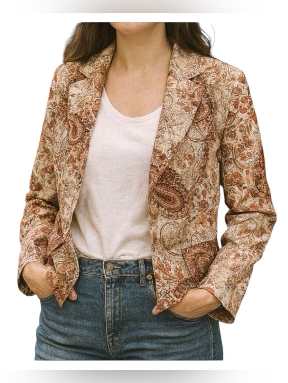 Austin Reed Brown Blazer 12 Womens Classic Floral Paisley Jacket Tan Long Sleeve